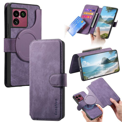 Purple retro leather MagSafe phone case with card pocket and circular magnetic clasp