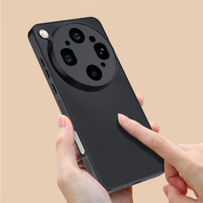 Ultra-thin leather phone case, black, hands holding the back with camera cutout
