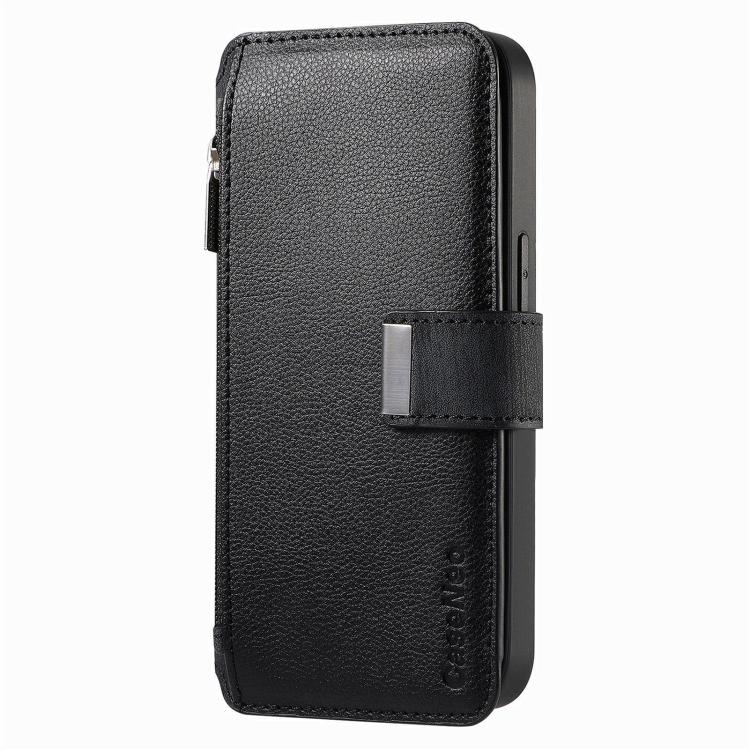 Black leather-style phone wallet case with front flip cover and snap strap