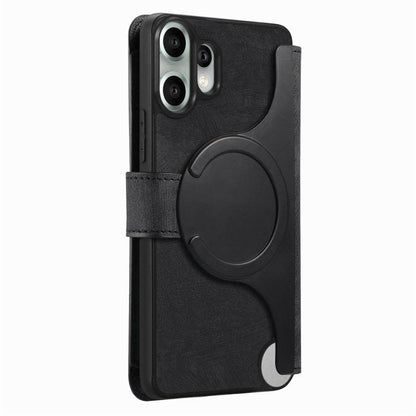 Black leather-style MagSafe phone wallet case with circular grip and front strap