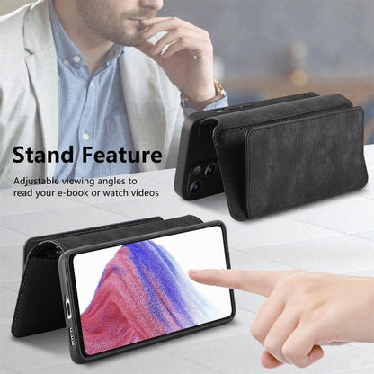 Black leather-style phone wallet case with flip stand for viewing the screen