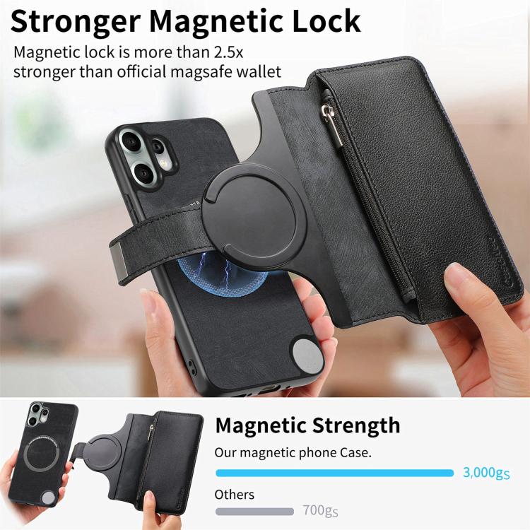 Black leather-style MagSafe phone wallet case with magnetic lock and zipper pouch