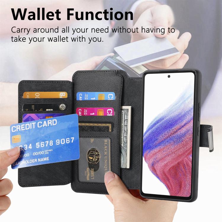 Black leather-style phone wallet case open with credit cards in card slots