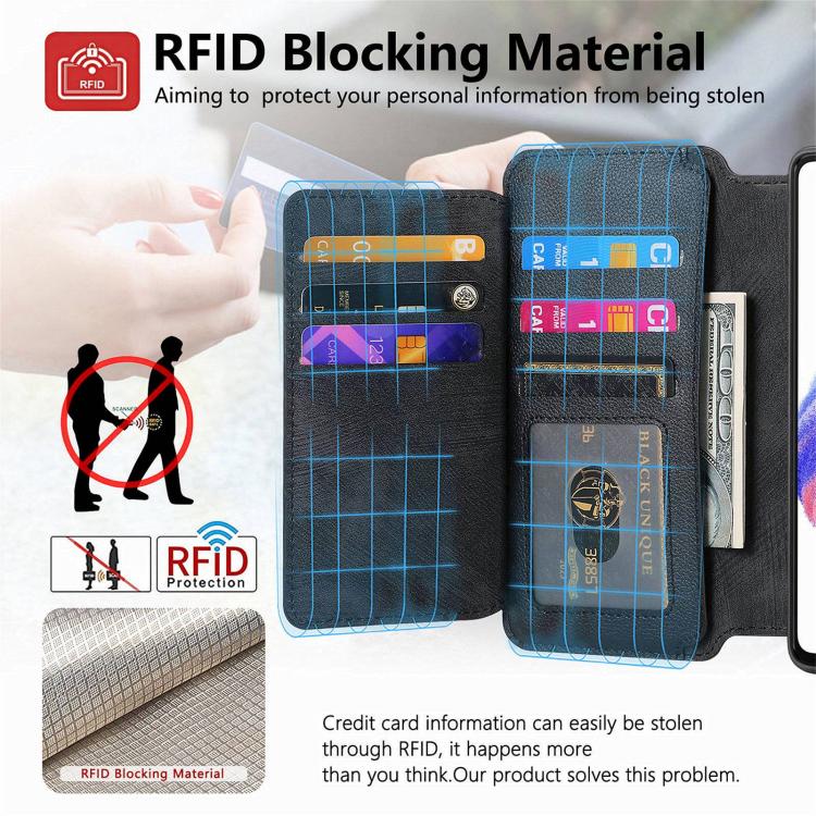 Black RFID blocking wallet case with card slots and shield protection graphic