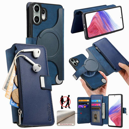 MagSafe leather wallet phone case with zipper and card slots, blue
