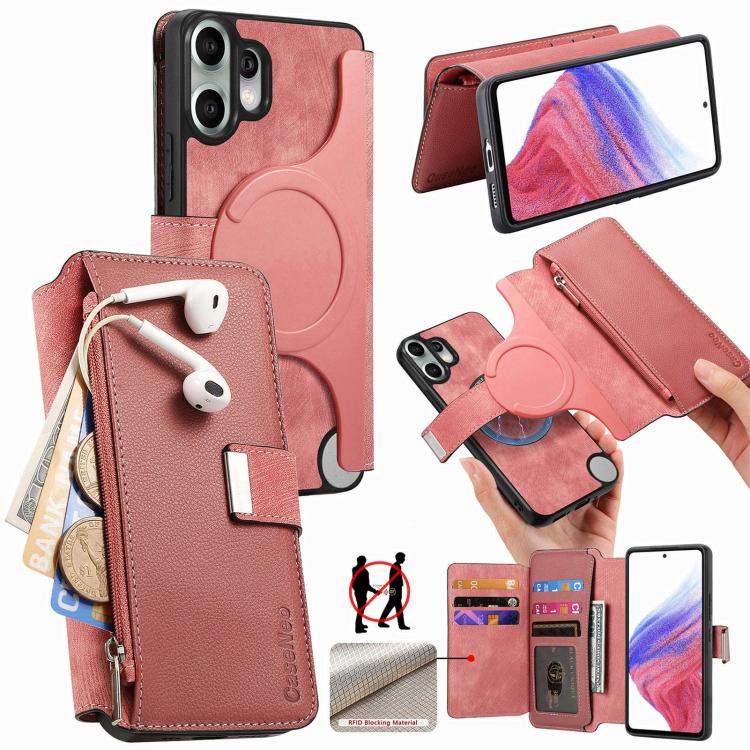 MagSafe leather wallet phone case with zipper and card slots, pink