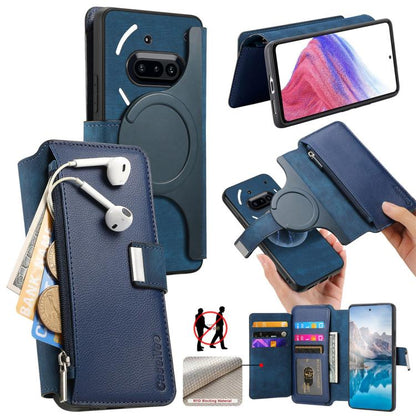 MagSafe leather wallet phone case with zipper and card slots, blue