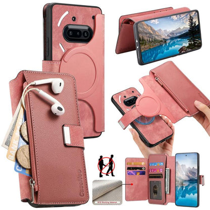 MagSafe leather wallet phone case with zipper and card slots, rose pink
