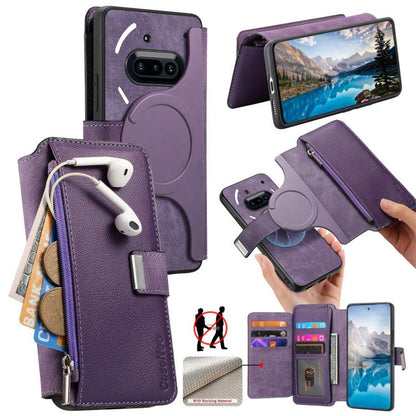 Purple leather-look MagSafe RFID wallet phone case with zipper and card slots