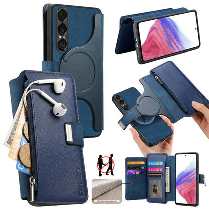MagSafe RFID anti-theft wallet phone case, blue leather-look with zipper and card slots