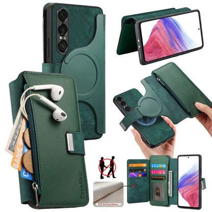 MagSafe RFID anti-theft wallet phone case, green leather-look with zipper and card slots