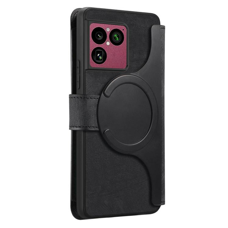 Black leather phone wallet case with magnetic circular latch and front pocket