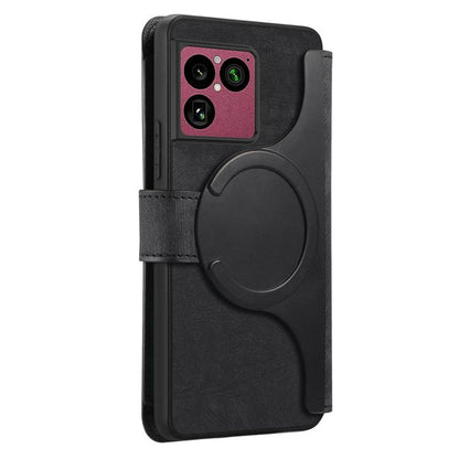 Black leather phone wallet case with magnetic circular latch and front pocket