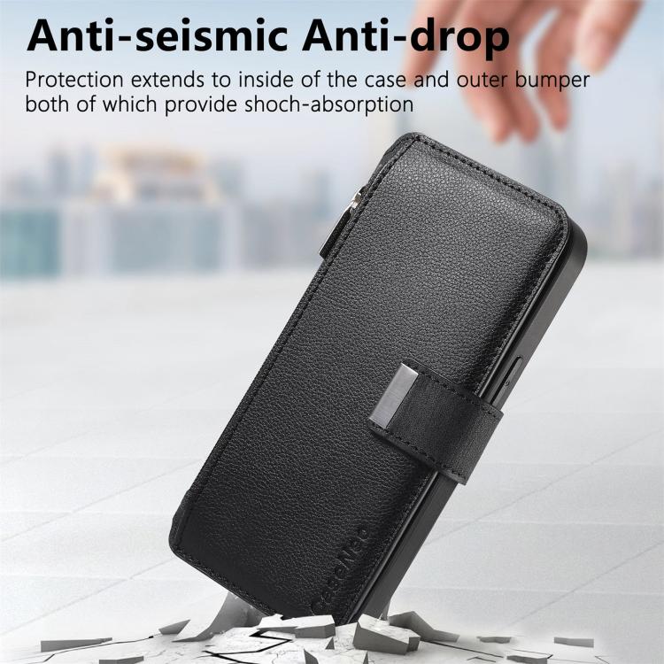 Black textured leather phone wallet case with strap closure