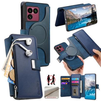 Blue leather phone wallet case with flip cover and zipper, MagSafe ring and side card slot