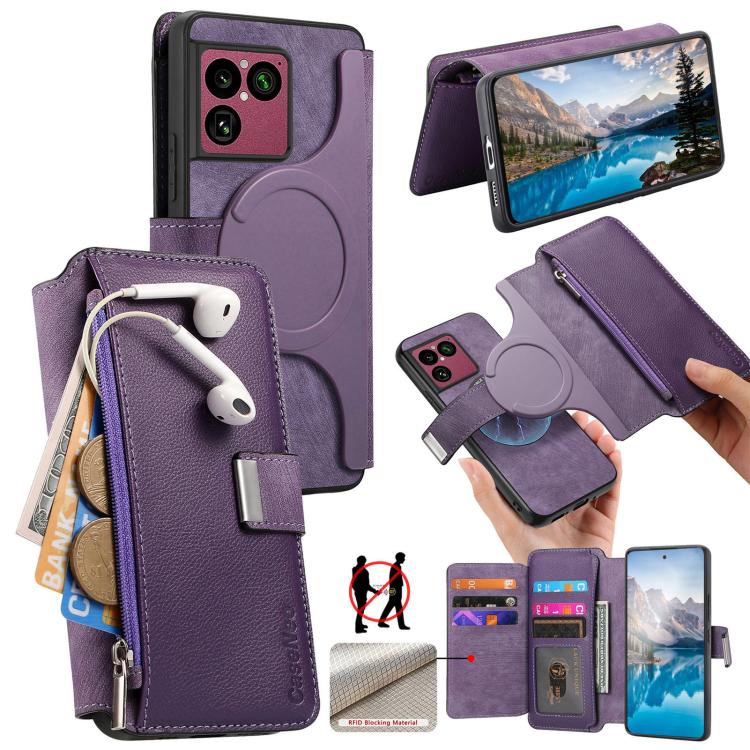 Purple leather phone wallet case with flip cover and zipper, MagSafe ring and card slot