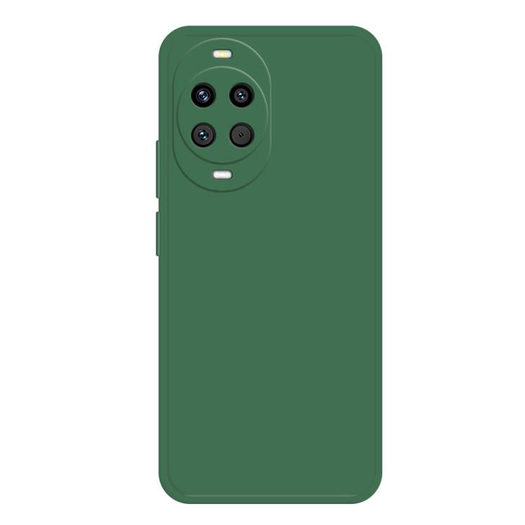 Dark green liquid silicone phone case, back with triple camera cutout and buttons.
