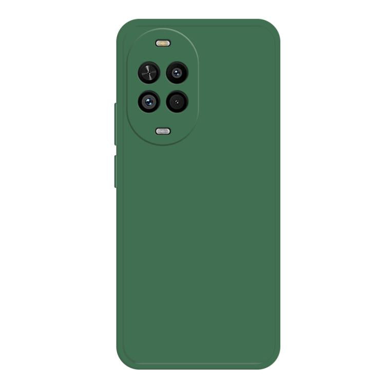 Dark green silicone phone case with quad camera cutout and side button openings.
