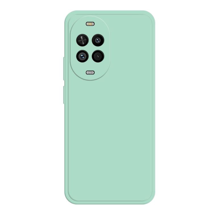 Light mint green silicone phone case with quad camera cutout and side button openings.