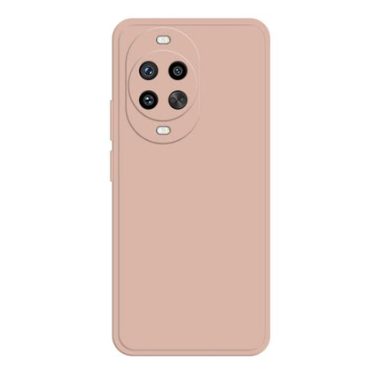 Pink liquid silicone phone case, back with triple camera cutout and side buttons.