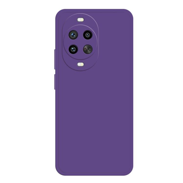 Purple liquid silicone phone case, back with triple camera cutout and speaker cutouts.