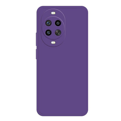 Purple liquid silicone phone case, back with triple camera cutout and speaker cutouts.