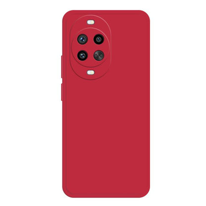 Red liquid silicone phone case with triple camera cutout and side button cutout.