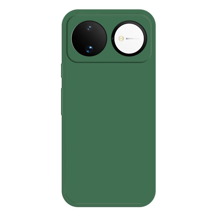 Dark green liquid silicone phone case with dual camera cutouts and side buttons