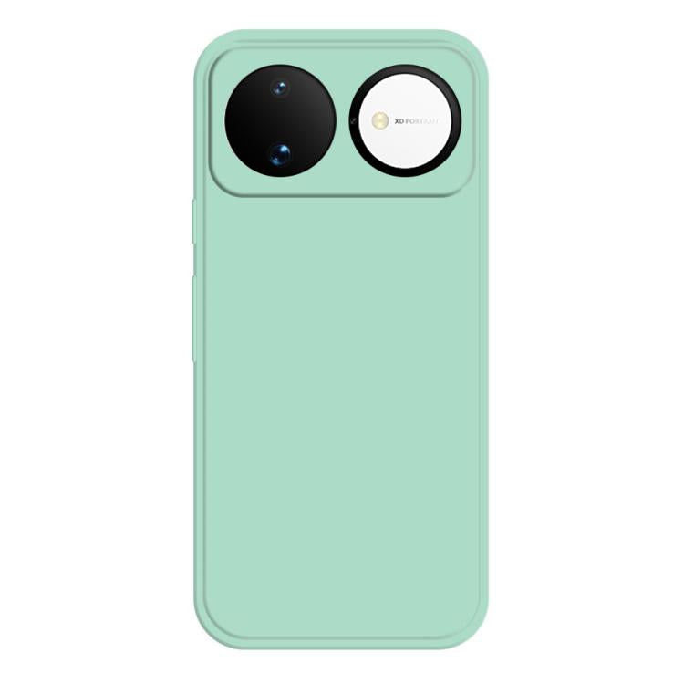 Light cyan liquid silicone phone case with dual camera cutouts and side buttons