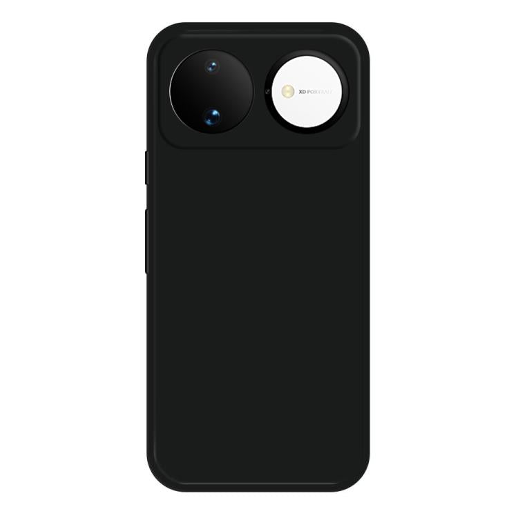 Black liquid silicone phone case with dual camera cutouts and side buttons