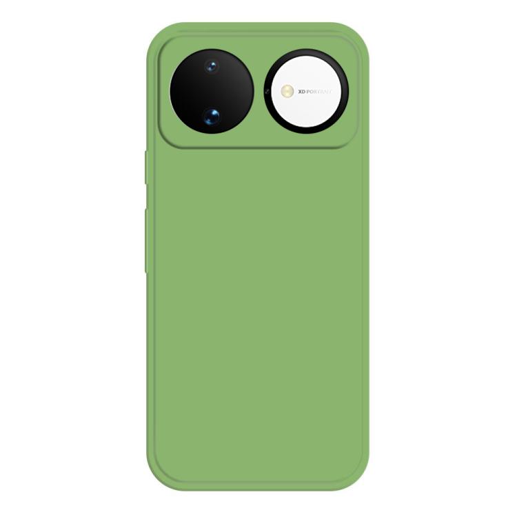 Matcha green liquid silicone phone case with dual camera cutouts and side buttons