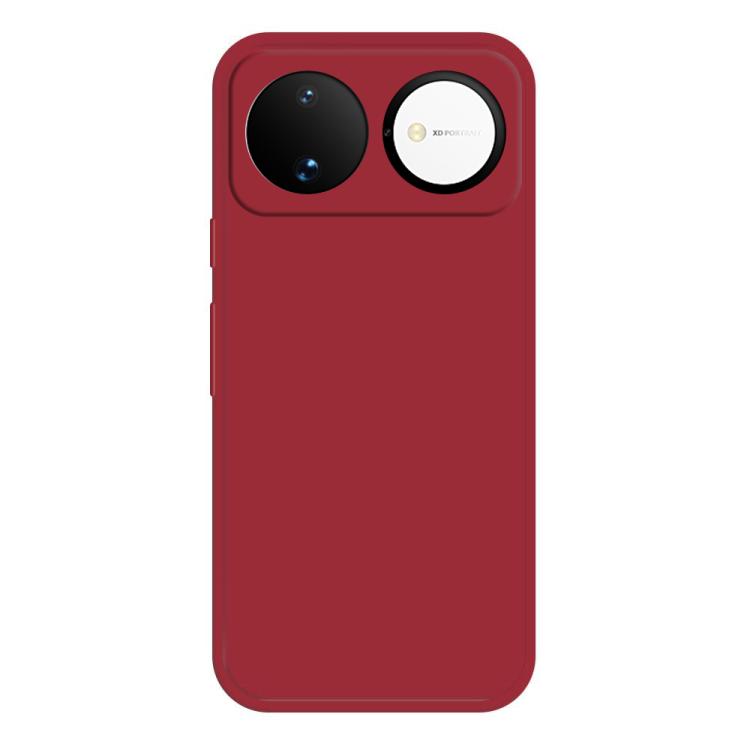 Dark red liquid silicone phone case with dual camera cutouts and side buttons