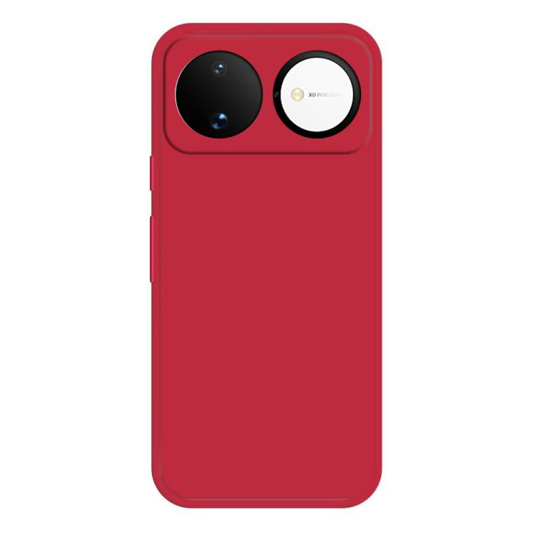 Red silicone phone case with dual camera cutouts and side button openings.