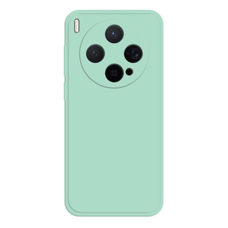 Mint green liquid silicone phone case with rounded camera cutouts and side button covers
