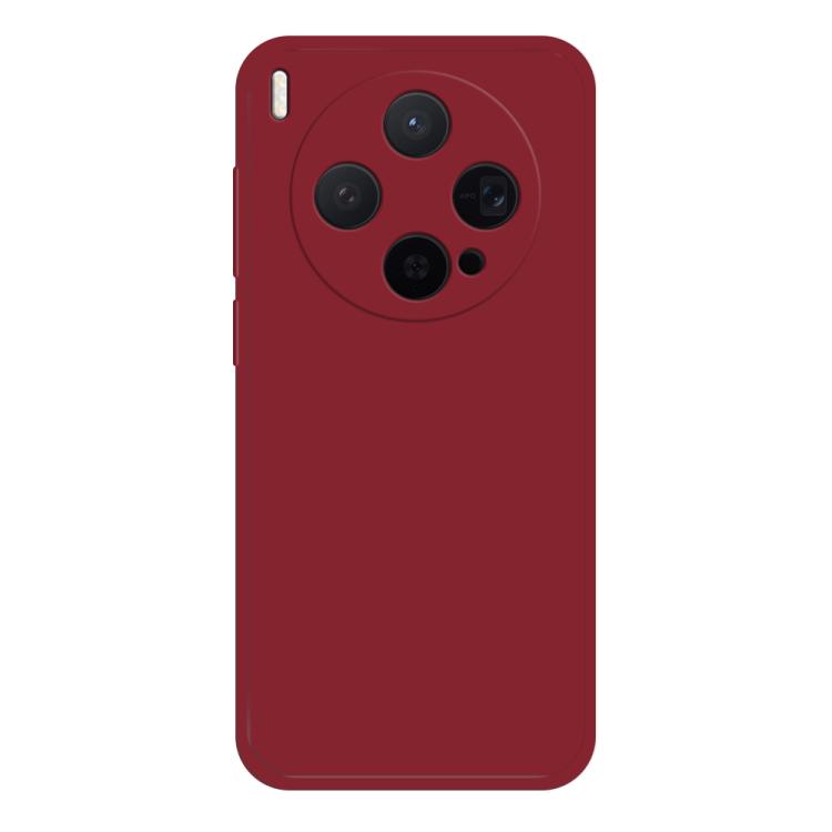 Dark red liquid silicone phone case with rounded camera cutouts and side button covers