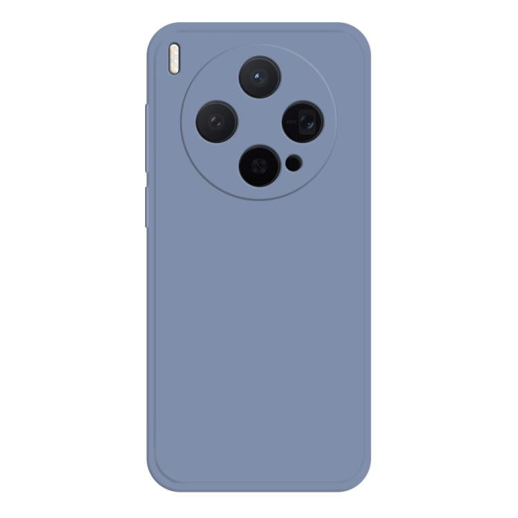 Periwinkle blue liquid silicone phone case with rounded camera cutouts and side button covers