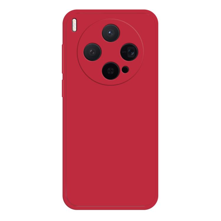 Red liquid silicone phone case with rounded camera cutouts and side button covers