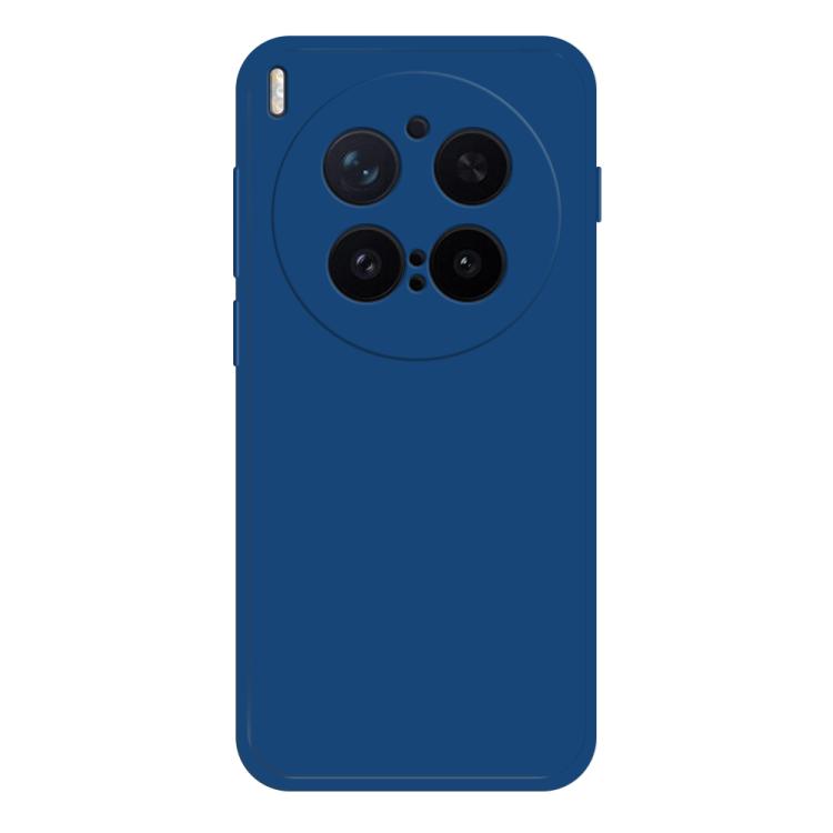 Blue liquid silicone phone case with four-camera circular cluster and button cutouts