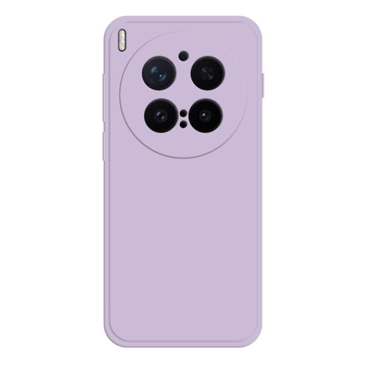 Purple liquid silicone phone case with four-camera circular cluster and charging cutout