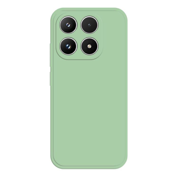 Matcha green liquid silicone phone case with four camera cutouts and raised edges
