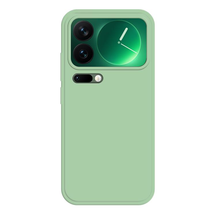 Liquid silicone phone case, light sage green with camera cutouts and raised edges