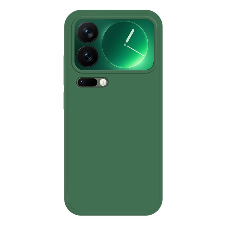 Dark green liquid silicone phone case with camera cutouts and side buttons