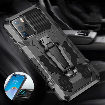 Rugged gray and black protective phone case with kickstand; grip pattern on back