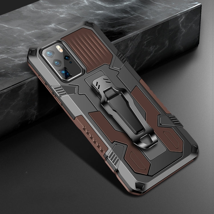 Rugged shockproof phone case with grip strap, brown and gray armor design