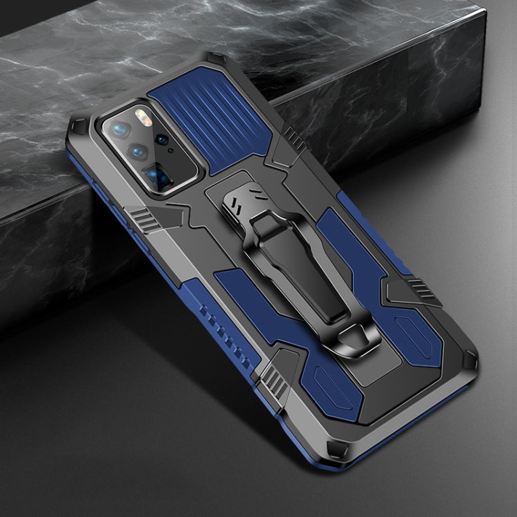 Rugged shockproof phone case with grip strap, blue and gray armor design