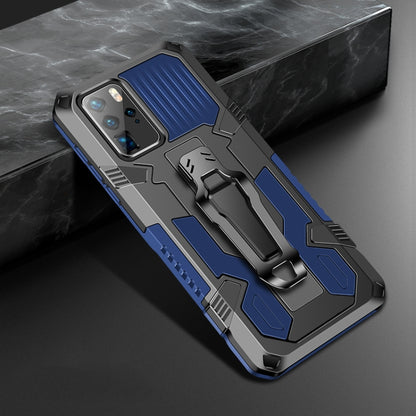 Rugged shockproof phone case with grip strap, blue and gray armor design