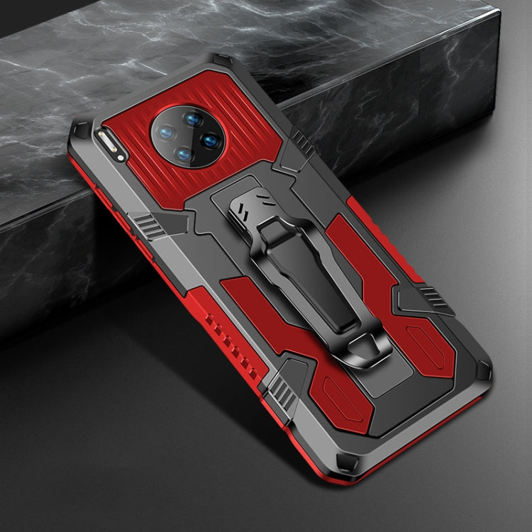 Rugged shockproof phone case with grip strap, red and gray armor design