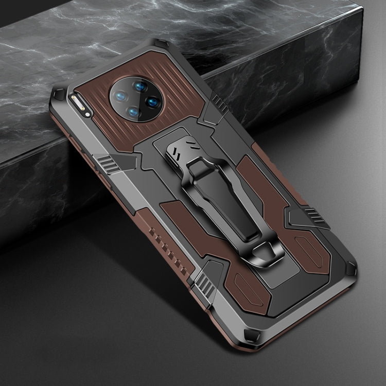 Rugged shockproof phone case with grip strap, coffee brown and gray armor design
