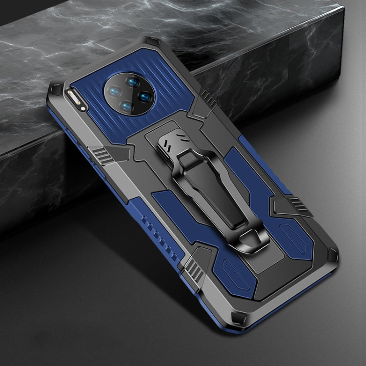 Rugged shockproof phone case with grip strap, vivid blue and gray armor design