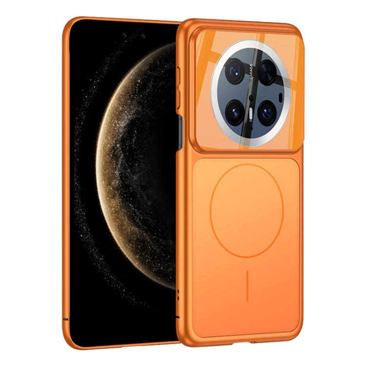 Frosted MagSafe magnetic phone case, orange with MagSafe ring and camera cutouts